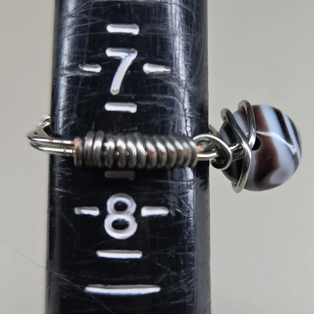Handmade Wire Wrapped Ring Black White Hypnotize Swirl Glass Bead Boho Size‎ 7.5